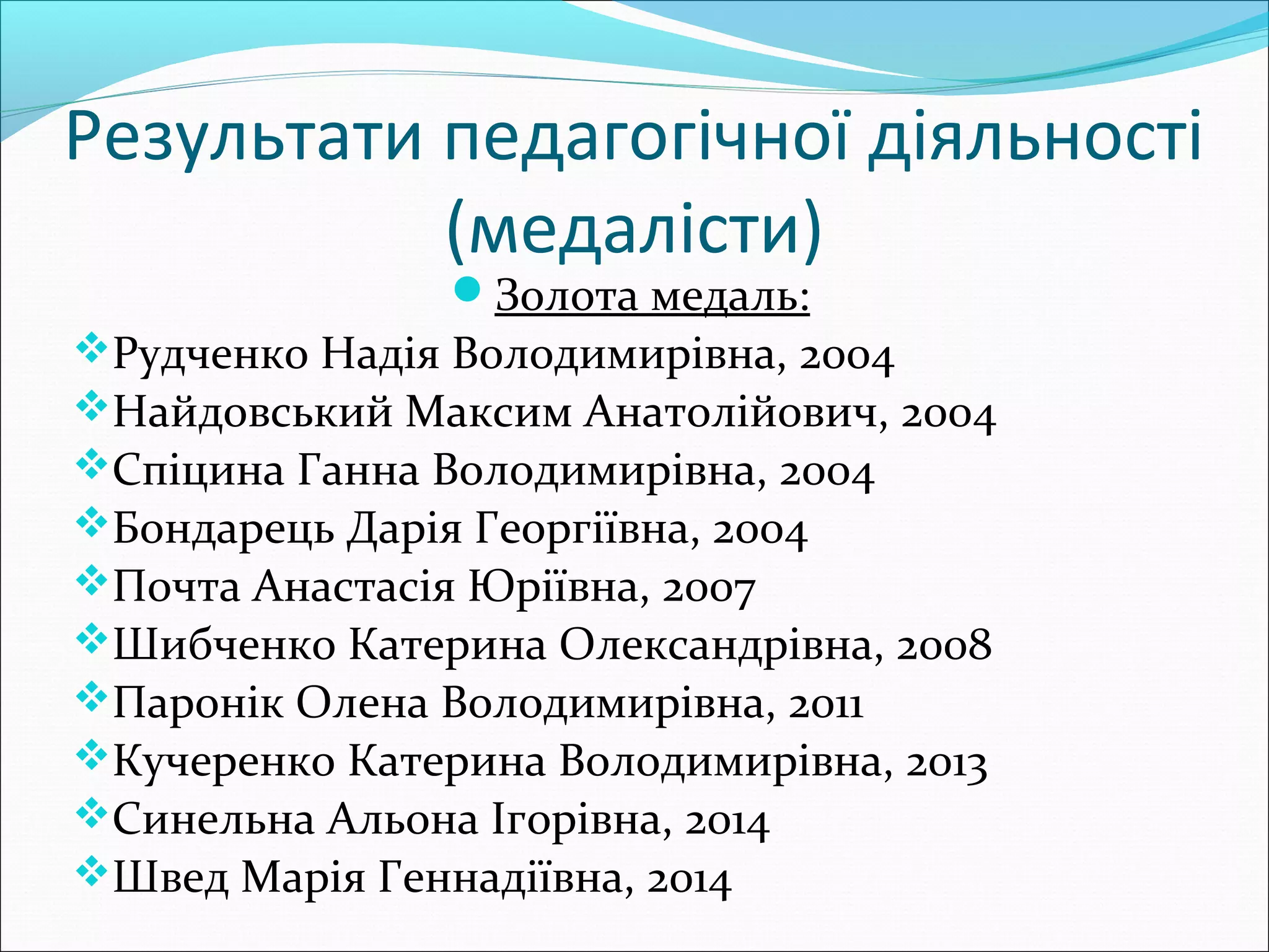 Результати педагогічної діяльності
(медалісти)
Золота медаль:
Рудченко Надія Володимирівна, 2004
Найдовський Максим Анатолійович, 2004
Спіцина Ганна Володимирівна, 2004
Бондарець Дарія Георгіївна, 2004
Почта Анастасія Юріївна, 2007
Шибченко Катерина Олександрівна, 2008
Паронік Олена Володимирівна, 2011
Кучеренко Катерина Володимирівна, 2013
Синельна Альона Ігорівна, 2014
Швед Марія Геннадіївна, 2014
 