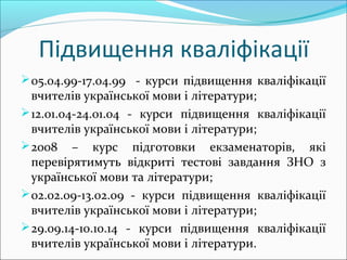 Підвищення кваліфікації
05.04.99-17.04.99 - курси підвищення кваліфікації
вчителів української мови і літератури;
12.01.04-24.01.04 - курси підвищення кваліфікації
вчителів української мови і літератури;
2008 – курс підготовки екзаменаторів, які
перевірятимуть відкриті тестові завдання ЗНО з
української мови та літератури;
02.02.09-13.02.09 - курси підвищення кваліфікації
вчителів української мови і літератури;
29.09.14-10.10.14 - курси підвищення кваліфікації
вчителів української мови і літератури.
 