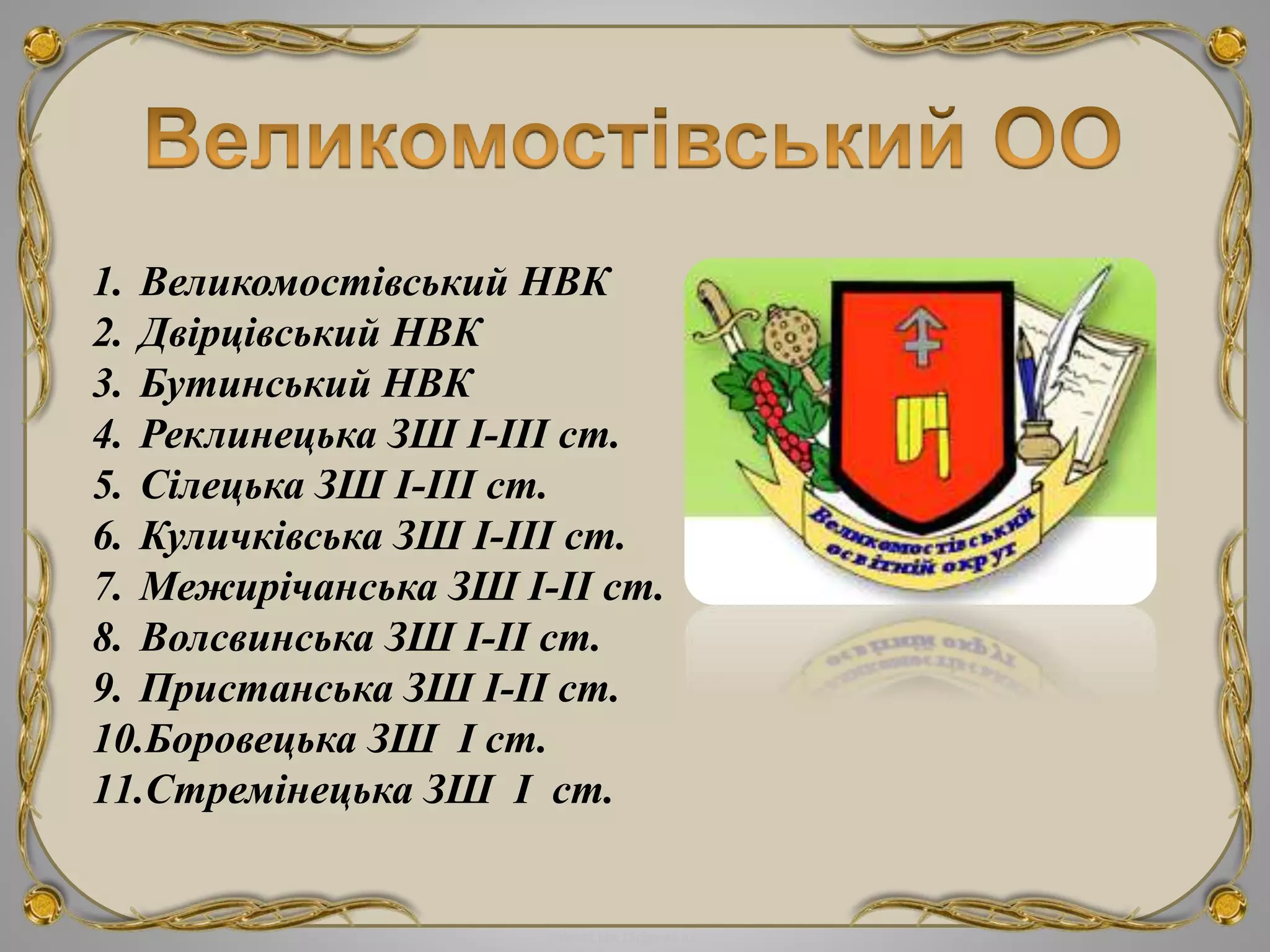 FokinaLida.75@mail.ru
1. Великомостівський НВК
2. Двірцівський НВК
3. Бутинський НВК
4. Реклинецька ЗШ І-ІІІ ст.
5. Сілецька ЗШ І-ІІІ ст.
6. Куличківська ЗШ І-ІІІ ст.
7. Межирічанська ЗШ І-ІІ ст.
8. Волсвинська ЗШ І-ІІ ст.
9. Пристанська ЗШ І-ІІ ст.
10.Боровецька ЗШ І ст.
11.Стремінецька ЗШ І ст.
 
