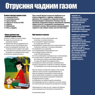 Чадний газ
утворюється
внаслідок неповного
згорання пального
в автомобільних
двигунах чи
опалюваних приладах,
які працюють на
вугіллі або інших видах
природного палива.
Найбільша небезпека
отруїтися чадним
газом існує у
помешканнях, що
опалюютьсяавтономно
природним газом,
дровами чи вугіллям.
Чадний газ дуже
небезпечний, оскільки
він безбарвний і
без запаху. На його
присутність може
вказувати кіптява,
задимленість,
жовте полум’я.
Ознаки отруєння чадним газом:
Перша допомога при
отруєнні чадним газом:
Щоб уникнути отруєння:
ÎÎ головний біль;
ÎÎ запаморочення;
ÎÎ шум у вухах;
ÎÎ відчуття тиску на лоб;
ÎÎ нудота;
ÎÎ блювання;
ÎÎ біль у грудях.
ÎÎ винести людину на свіже повітря;
ÎÎ піднести до носа ватку з на-
шатирним спиртом;
ÎÎ забезпечити вільне надходження по-
вітря до легень, розстебнувши одяг;
ÎÎ якщо постраждалий притомний – да-
ти велику кількість рідини (чай, вода);
ÎÎ у разі відсутності дихання провести штуч-
не дихання та непрямий масаж серця;
ÎÎ викликати швидку допомогу.
ÎÎ регулярно та якісно обслуговуйте газо-
ві системи та системи опалення;
ÎÎ встановлюйте в будинку індикато-
ри, що фіксують витік газу;
ÎÎ дотримуйтеся правил безпечного користування ав-
тономним опаленням та газовими приладами;
ÎÎ перевіряйте тягу в димоході;
ÎÎ не перекривайте пічний димохід на ніч;
ÎÎ не використовуйте газові пли-
ти для обігріву приміщень;
ÎÎ частіше провітрюйте приміщення, де є газові прилади;
ÎÎ не користуйтеся грилями чи іншими пристроя-
ми, в яких щось згоряє, в житловому приміщен-
ні, гаражі або підвалі, біля відкритих вікон;
ÎÎ приміщення повинні регулярно провітрюватися;
ÎÎ двигун внутрішнього згоряння не повинен працюва-
ти в приміщенні, що не має вентиляції, вікон і дверей.
Якщо ви виявили непритомну людину в оселі, де від-
чувається запах газу, або в непровітрюваному га-
ражі, де знаходиться автомобіль із включеним дви-
гуном, запам’ятайте послідовність заходів, швидке
виконання яких дозволить врятувати потерпілого:
ÎÎ відкрийте вікна та двері;
ÎÎ перекрийте газ, вимкніть двигун автомобіля;
ÎÎ якнайшвидше винесіть потерпілого на свіже повітря;
ÎÎ негайно доставте поьерпілого до медичного закладу.
Переконайтеся в тому, що у вас є підмога, бо увійшов-
ши до приміщення, ви самі можете знепритомніти.
Не включайте світло!
При тяжкій формі отруєння відбувається
втрата свідомості, судоми, порушення
дихання. На складність отруєння впливає
концентрація й тривалість впливу газу на
організм. Отруєння можуть викликати серцеву
недостатність і незворотні ушкодження
головного мозку. При великих концентраціях
чадного газу смерть може настати миттєво.
Отруєннячаднимгазом
 