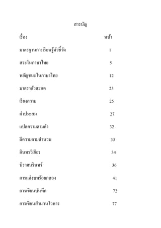 สารบัญ
เรื่อง หน้า
มาตรฐานการเรียนรู้ตัวชี้วัด 1
สระในภาษาไทย 5
พยัญชนะในภาษาไทย 12
มาตราตัวสะกด 23
เรียงความ 25
คาประสม 27
แปลความตามคา 32
ตีความตามสานวน 33
อินทรวิเชียร 34
นิราศนรินทร์ 36
การแต่งบทร้อยกลอง 41
การเขียนบันทึก 72
การเขียนสานวนโวหาร 77
 