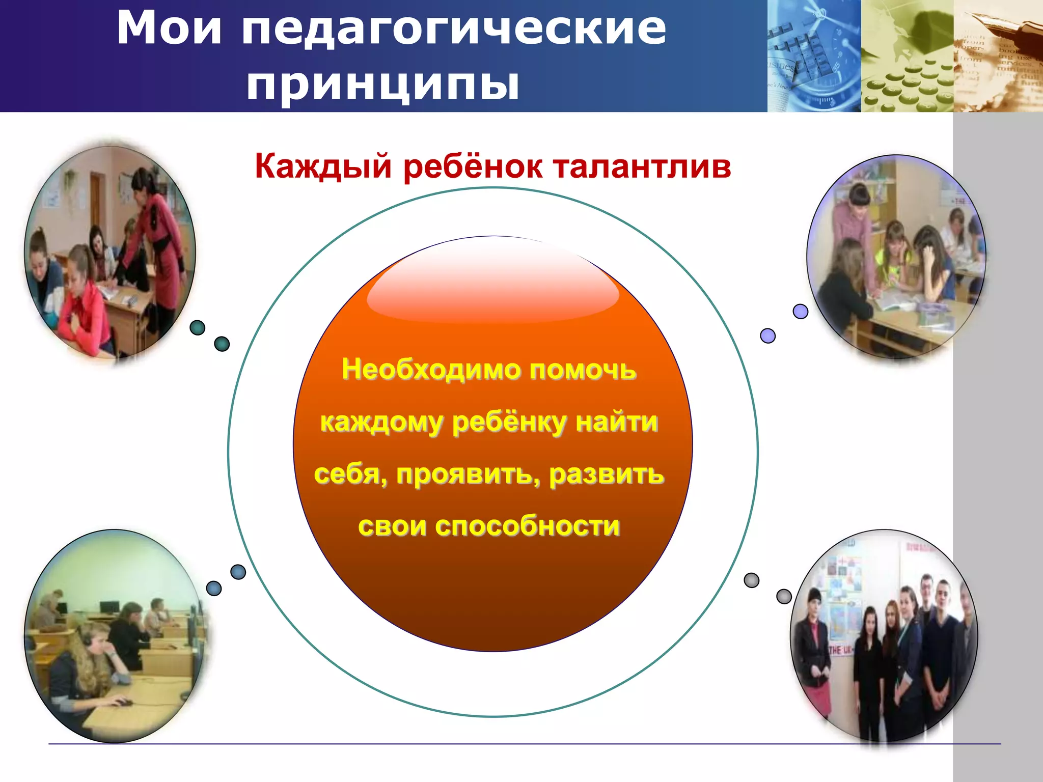 Мои педагогические
принципы
Необходимо помочь
каждому ребёнку найти
себя, проявить, развить
свои способности
Каждый ребёнок талантлив
 