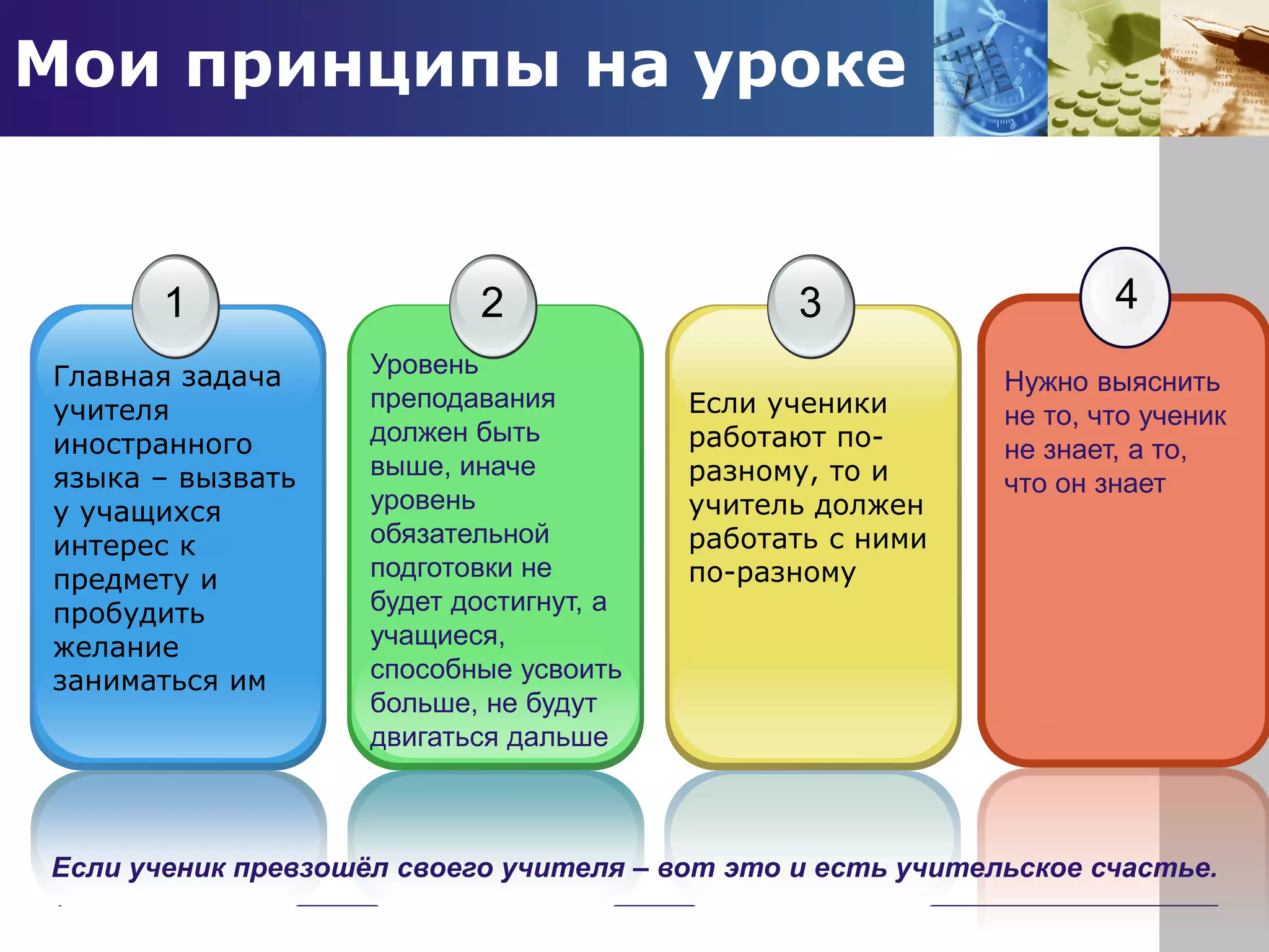 Мои принципы на уроке
1
Главная задача
учителя
иностранного
языка – вызвать
у учащихся
интерес к
предмету и
пробудить
желание
заниматься им
2
Уровень
преподавания
должен быть
выше, иначе
уровень
обязательной
подготовки не
будет достигнут, а
учащиеся,
способные усвоить
больше, не будут
двигаться дальше
3
Если ученики
работают по-
разному, то и
учитель должен
работать с ними
по-разному
4
Нужно выяснить
не то, что ученик
не знает, а то,
что он знает
Если ученик превзошёл своего учителя – вот это и есть учительское счастье.
 