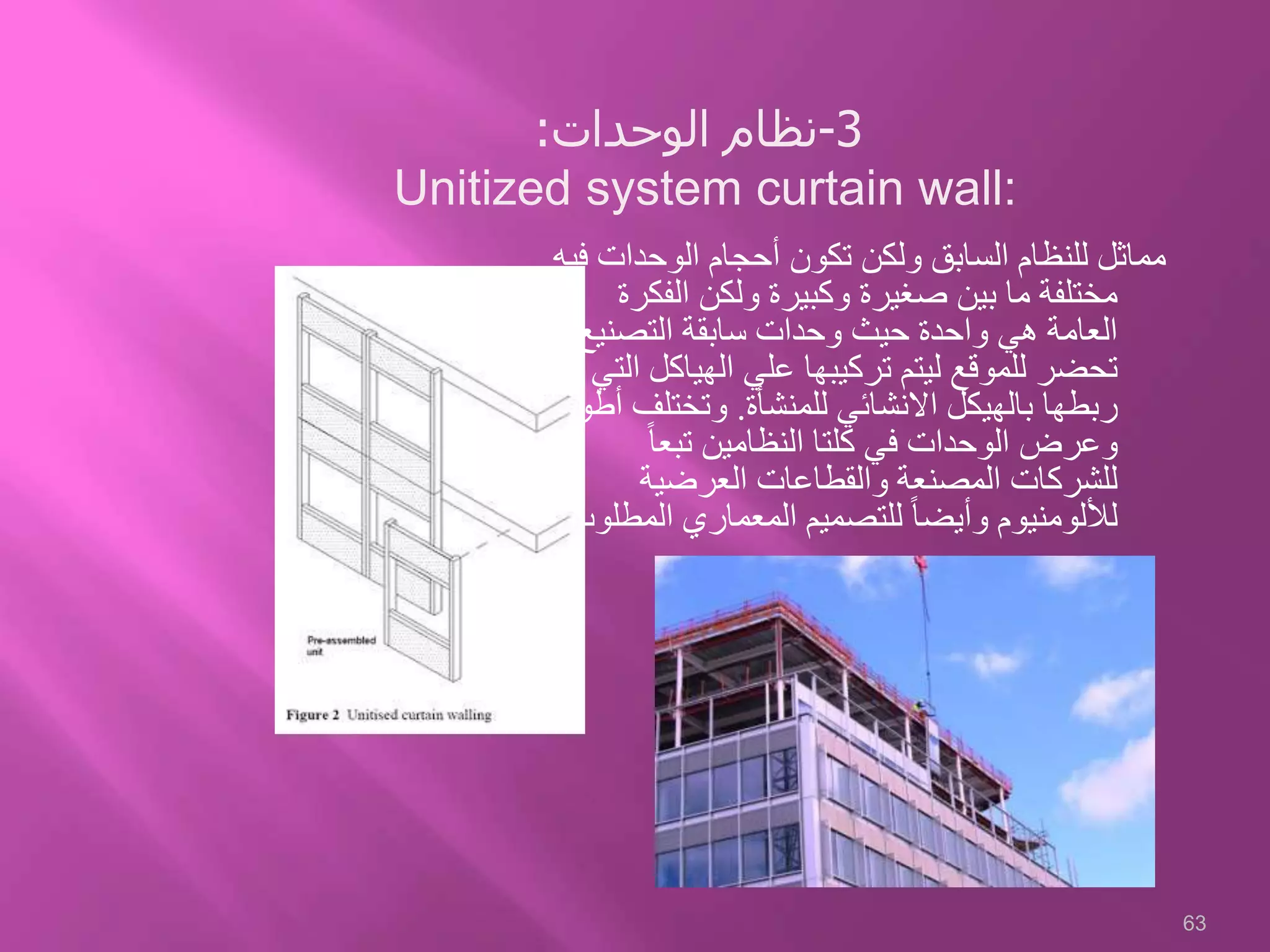 ‫الوحدات‬ ‫أحجام‬ ‫تكون‬ ‫ولكن‬ ‫السابق‬ ‫للنظام‬ ‫مماثل‬‫فيه‬
‫الف‬ ‫ولكن‬ ‫وكبيرة‬ ‫صغيرة‬ ‫بين‬ ‫ما‬ ‫مختلفة‬‫كرة‬
‫التصني‬ ‫سابقة‬ ‫وحدات‬ ‫حيث‬ ‫واحدة‬ ‫هي‬ ‫العامة‬‫ع‬
‫الهياك‬ ‫علي‬ ‫تركيبها‬ ‫ليتم‬ ‫للموقع‬ ‫تحضر‬‫تم‬ ‫التي‬ ‫ل‬
‫للمنشأة‬ ‫االنشائي‬ ‫بالهيكل‬ ‫ربطها‬.‫وتختل‬‫أطوال‬ ‫ف‬
ً‫ا‬‫تبع‬ ‫النظامين‬ ‫كلتا‬ ‫في‬ ‫الوحدات‬ ‫وعرض‬
‫العرضية‬ ‫والقطاعات‬ ‫المصنعة‬ ‫للشركات‬
‫الم‬ ‫المعماري‬ ‫للتصميم‬ ً‫ا‬‫وأيض‬ ‫لأللومنيوم‬‫طلوب‬.
63
3-‫الوحدات‬ ‫نظام‬:
Unitized system curtain wall:
 