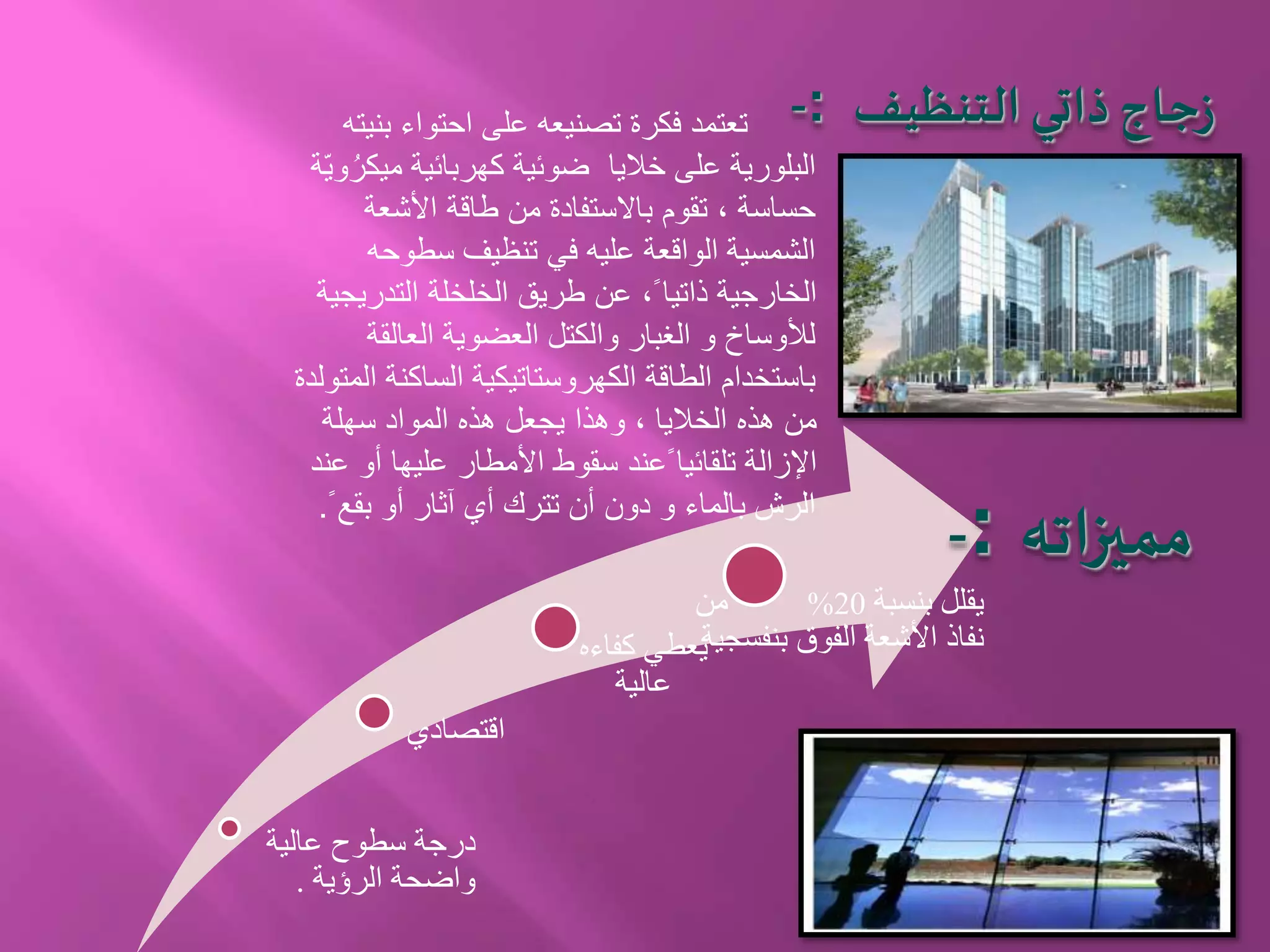 ‫عالية‬ ‫سطوح‬ ‫درجة‬
‫الرؤية‬ ‫واضحة‬.
‫اقتصادي‬
‫كفاءه‬ ‫يعطي‬
‫عالية‬
‫بنسبة‬ ‫يقلل‬20%‫من‬
‫بنف‬ ‫الفوق‬ ‫األشعة‬ ‫نفاذ‬‫سجية‬
‫بنيته‬ ‫احتواء‬ ‫على‬ ‫تصنيعه‬ ‫فكرة‬ ‫تعتمد‬
‫و‬ُ‫ميكر‬ ‫كهربائية‬ ‫ضوئية‬ ‫خاليا‬ ‫على‬ ‫البلورية‬‫ّة‬‫ي‬
‫األشعة‬ ‫طاقة‬ ‫من‬ ‫باالستفادة‬ ‫تقوم‬ ، ‫حساسة‬
‫سطوحه‬ ‫تنظيف‬ ‫في‬ ‫عليه‬ ‫الواقعة‬ ‫الشمسية‬
‫التدريجية‬ ‫الخلخلة‬ ‫طريق‬ ‫عن‬ ،ً ‫ذاتيا‬ ‫الخارجية‬
‫العالقة‬ ‫العضوية‬ ‫والكتل‬ ‫الغبار‬ ‫و‬ ‫لألوساخ‬
‫المت‬ ‫الساكنة‬ ‫الكهروستاتيكية‬ ‫الطاقة‬ ‫باستخدام‬‫ولدة‬
‫سهلة‬ ‫المواد‬ ‫هذه‬ ‫يجعل‬ ‫وهذا‬ ، ‫الخاليا‬ ‫هذه‬ ‫من‬
‫عند‬ ‫أو‬ ‫عليها‬ ‫األمطار‬ ‫سقوط‬ ‫ًعند‬ ‫تلقائيا‬ ‫اإلزالة‬
ً ‫بقع‬ ‫أو‬ ‫آثار‬ ‫أي‬ ‫تترك‬ ‫أن‬ ‫دون‬ ‫و‬ ‫بالماء‬ ‫الرش‬.
-: ‫التنظيف‬ ‫ذاتي‬‫جاج‬‫ز‬
-: ‫مميزاته‬
 