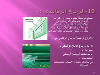 ‫من‬ ‫أكثر‬ ‫او‬ ‫لوحيين‬ ‫ضم‬ ‫بواسطة‬ ‫يصنع‬
‫من‬ ‫رقائقية‬ ‫حشوات‬ ‫مع‬ ‫الزجاج‬
‫الزج‬ ‫يبقي‬ ‫الكسر‬ ‫عند‬ ‫البالستيك‬‫اج‬
‫و‬ ‫البالستيكية‬ ‫الرقائق‬ ‫مع‬ ‫مترابط‬‫بذلك‬
‫الحواد‬ ‫أثناء‬ ‫االصابات‬ ‫خطر‬ ‫من‬ ‫يقلل‬‫ث‬
.
‫هي‬ ‫الرقائقي‬ ‫للزجاج‬ ‫الرئيسية‬ ‫االنواع‬:-
10-1-‫الرقائقي‬ ‫االمان‬ ‫زجاج‬:-
‫مميزاته‬:-
‫أومسلح‬ ‫أومدخن‬ ‫شفاف‬ ‫يوجد‬
‫أستخداماته‬:-
‫بالصدمات‬ ‫االصابه‬ ‫أحتمال‬ ‫حاالت‬ ‫في‬
‫المفاجئة‬
25
 