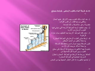 11-6-‫الزجاجي‬ ‫بالطوب‬ ‫البناء‬ ‫طريقة‬glass brick
:-
1-‫أحم‬ ‫عليها‬ ‫أالترتكز‬ ‫يجب‬ ‫الطوب‬ ‫بذلك‬ ‫البناء‬ ‫عند‬‫ال‬
‫القوالب‬ ‫تكون‬ ‫أن‬ ‫و‬ ‫فقط‬ ‫بوزنها‬ ‫ويكتفي‬
‫لتمددها‬ ‫ذلك‬ ‫و‬ ‫متالصقة‬ ‫وغير‬ ‫مفصولة‬
2-‫سيبن‬ ‫التي‬ ‫االربعه‬ ‫الحوابط‬ ‫أوجه‬ ‫تنظيف‬ ‫يجب‬‫فيها‬ ‫ي‬
‫االتربه‬ ‫من‬ ‫الزجاج‬ ‫الطوب‬
3-‫ع‬ ‫بماده‬ ‫التنظيف‬ ‫بعد‬ ‫االربعه‬ ‫الحوائط‬ ‫تلك‬ ‫دهان‬‫ازله‬
‫للرطوبة‬
4-‫المجاورة‬ ‫الحوائط‬ ‫في‬ ‫الزجاج‬ ‫الطوب‬ ‫مباني‬ ‫تربط‬
‫المجلفن‬ ‫الحديد‬ ‫من‬ ‫سلكين‬ ‫بواسطة‬
‫حوال‬ ‫بينهما‬ ‫المسافة‬ ‫تكون‬5‫المسافة‬ ‫تلك‬ ‫وتحفظ‬ ‫سم‬
‫كل‬ ‫عريضة‬ ‫أسالك‬ ‫بواسطة‬25‫سم‬
‫جيدا‬ ‫ملحومة‬“‫سطح‬ ‫على‬ ‫الرباط‬ ‫هذا‬ ‫ويوضع‬ ‫بالكهرباء‬
‫كل‬ ‫المونة‬ ‫وبين‬ ‫الطوب‬4‫من‬ ‫مداميك‬
‫بطول‬ ‫المجاورة‬ ‫الحوائط‬ ‫مع‬ ‫الرباط‬ ‫هذا‬ ‫ويربط‬ ‫الحائط‬
5‫المجاورة‬ ‫الحوائط‬ ‫في‬ ‫تجنيشها‬ ‫بعد‬ ‫سم‬
‫المعدن‬ ‫من‬ ‫بها‬ ‫المحيط‬ ‫اإلطار‬ ‫كان‬ ‫إذا‬ ‫بالكهرباء‬ ‫لحامها‬ ‫أو‬
.
30
 