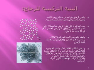 ‫اكاسيد‬ ‫من‬ ‫انواع‬ ‫عدة‬ ‫من‬ ‫بانواعه‬ ‫الزجاج‬ ‫يتكون‬
‫المطلو‬ ‫الخصائص‬ ‫تعطي‬ ‫العناصروالتي‬ ‫بعض‬‫بة‬.
‫ثا‬ ‫او‬ ‫هوالسليكا‬ ‫الزجاج‬ ‫تكون‬ ‫التي‬ ‫المواد‬ ‫اهم‬ ‫ومن‬‫ني‬
‫السيليكون‬ ‫اكسيد‬(SiO2)‫االه‬ ‫العنصر‬ ‫يعتبر‬ ‫الذي‬ ‫و‬‫م‬
‫الزجاج‬ ‫ذرات‬ ‫تكوين‬ ‫في‬.
‫البوريك‬ ‫اكسيد‬ ‫من‬ ‫يتكون‬ ‫وايضا‬(B2O3)
‫الفسفور‬ ‫اوكسيد‬ ‫وخامس‬(P2O5)‫مكونات‬ ‫وهي‬
‫الزجاج‬ ‫لشبك‬.
‫الصودي‬ ‫اوكسيد‬ ‫مثل‬ ‫القاعدية‬ ‫االكاسيد‬ ‫بعض‬ ‫و‬‫وم‬
(Na2O)‫البوتاسيوم‬ ‫واوكسيد‬(Ka2O)‫واوكسيد‬
‫الكالسيوم‬(CaO)‫الرصاص‬ ‫واوكسيد‬(PbO)
‫األلمنيوم‬ ‫أوكسيد‬ ‫مثل‬ ‫المتعادلة‬ ‫واألكاسيد‬
((Al2O3‫بعضها‬ ‫مع‬ ‫تركب‬‫المركب‬ ‫لتكوين‬
‫الزجاجي‬.
5
 