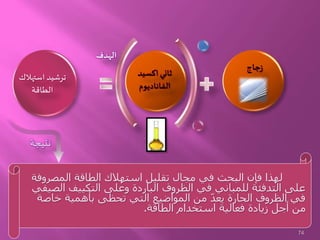 ‫المصروفة‬ ‫الطاقة‬ ‫استهالك‬ ‫تقليل‬ ‫مجال‬ ‫في‬ ‫البحث‬ ‫فإن‬ ‫لهذا‬
‫الصيفي‬ ‫التكييف‬ ‫وعلى‬ ‫الباردة‬ ‫الظروف‬ ‫في‬ ‫للمباني‬ ‫التدفئة‬ ‫على‬
‫خاصة‬ ‫بأهمية‬ ‫تحظى‬ ‫التي‬ ‫المواضيع‬ ‫من‬ ّ‫د‬‫يع‬ ‫الحارة‬ ‫الظروف‬ ‫في‬
‫الطاقة‬ ‫استخدام‬ ‫فعالية‬ ‫زيادة‬ ‫أجل‬ ‫من‬.
‫جاج‬‫ز‬
‫الهدف‬
‫استهال‬ ‫ترشيد‬‫ك‬
‫الطاقة‬
‫نتيجة‬
‫اكسيد‬ ‫ثاني‬
‫الفاناديوم‬
74
 