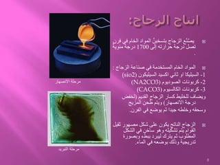 ‫الخام‬ ‫المواد‬ ٌ‫بتسخين‬ ‫الزجاج‬ ‫ع‬ّ‫ن‬ٌ‫ص‬‫ي‬‫فرن‬ ‫في‬
‫إلى‬ ‫حرارته‬ ‫درجة‬ ‫تصل‬1700ٌ‫مئوية‬ ‫درجة‬
.
‫الزجاج‬ ‫صناعة‬ ‫في‬ ‫المستخدمة‬ ‫الخام‬ ‫المواد‬:
1-‫السيليكون‬ ‫اكسيد‬ ‫ثاني‬ ‫او‬ ‫السيليكا‬((sio2
2-‫الصوديوم‬ ‫كربونات‬(NA2CO3)
3-‫الكالسيوم‬ ‫كربونات‬((CACO3
‫القديم‬ ‫الزجاج‬ ‫كسار‬ ‫للخليط‬ ‫ويضاف‬(‫لخفض‬
‫االنصهار‬ ‫درجة‬)‫المزيج‬ ‫طحن‬ ‫ويتم‬
‫الفرن‬ ‫في‬ ‫يوضع‬ ‫ثم‬ ‫جيدا‬ ‫وخلطه‬ ‫وسحقه‬.
‫ثق‬ ‫مصهور‬ ‫شكل‬ ‫على‬ ‫يكون‬ ‫الناتج‬ ‫الزجاج‬‫يل‬
‫الشكل‬ ‫في‬ ‫ساخن‬ ‫وهو‬ ‫تشكيله‬ ‫يتم‬ ‫القوام‬
‫وبصور‬ ‫ببطء‬ ‫ليبرد‬ ‫يترك‬ ‫ثم‬ ‫المطلوب‬‫ة‬
‫الماء‬ ‫في‬ ‫بوضعه‬ ‫وذلك‬ ‫تدريجية‬.
8
‫االنصهار‬ ‫مرحلة‬
‫التبريد‬ ‫مرحلة‬
 