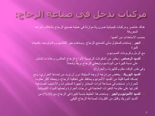 ‫بأشكال‬ ‫الزجاج‬ ‫تصنيع‬ ‫عملية‬ ‫في‬ ‫موازنة‬ ‫ضرورية‬ ‫كيميائية‬ ‫ومركبات‬ ‫عناصر‬ ‫هناك‬‫وأنواعه‬ ‫ه‬
‫المعروفة‬
‫أهمها‬ ‫من‬ ،‫االستخدام‬ ‫بحسب‬:
1-‫الجير‬:‫الزجاج‬ ‫لتصنيع‬ ‫مائي‬ ‫كمحلول‬ ‫يستخدم‬.‫والدول‬ ‫الكالسيوم‬ ‫جير‬ ‫ويستخدم‬‫بكميات‬ ‫وميت‬
‫كبيرة‬
‫الصوديوم‬ ‫وكربونات‬ ‫الرمل‬ ‫مع‬.
2-‫الرصاص‬ ‫أكسيد‬:‫ت‬ ‫ما‬ ‫وعادة‬ ،‫العاكس‬ ‫الزجاج‬ ‫ألنواع‬ ‫الرئيسية‬ ‫المكونات‬ ‫من‬ ‫يعتبر‬‫شتمل‬
‫البوتاسيوم‬ ‫من‬ ‫كبيرة‬ ‫نسبة‬ ‫على‬(ً‫ا‬‫ولمعان‬ ً‫ا‬‫بريق‬ ‫للزجاج‬ ‫يعطي‬
‫والحرارة‬ ‫للكهرباء‬ ‫مقاوم‬ ‫الوقت‬ ‫نفس‬ ‫وفي‬.)
3-‫البوريك‬ ‫أكسيد‬:‫الحراري‬ ‫تمددها‬ ‫من‬ ‫يزيد‬ ‫أن‬ ‫دون‬ ‫السيليكا‬ ‫لزوجه‬ ‫درجه‬ ‫من‬ ‫يخفض‬‫ومع‬ ،
‫أ‬ ‫ويجعله‬ ،‫الزجاج‬ ‫شفافية‬ ‫على‬ ‫يحافظ‬ ‫األلمونيوم‬ ‫اكسيد‬ ‫من‬ ‫قليلة‬ ‫كمية‬ ‫إضافه‬‫مقاوما‬ ‫كثر‬
‫الص‬ ‫واألنانبيب‬ ‫المختبرات‬ ‫وأجهزة‬ ‫المخابز‬ ‫أدوات‬ ‫صناعة‬ ‫في‬ ‫تستخدم‬ ‫و‬ ‫للحرارة‬‫ناعية‬
‫الكيم‬ ‫للمواد‬ ‫وتحملها‬ ‫الحرارة‬ ‫درجات‬ ‫في‬ ‫المفاجئة‬ ‫التغيرات‬ ‫مقاومة‬ ‫على‬ ‫لقدرتها‬‫يائية‬.
4-‫والجير‬ ‫األلمونيوم‬ ‫أكسيد‬:‫مع‬ ‫الزجاج‬ ‫في‬ ‫كبيرة‬ ‫بنسبة‬ ‫الخليط‬ ‫هذا‬ ‫يستخدم‬(10)%‫من‬
‫الليفي‬ ‫الزجاج‬ ‫لصناعة‬ ‫القلويات‬ ‫من‬ ‫وقليل‬ ‫البوريك‬ ‫أكسيد‬.
9
 