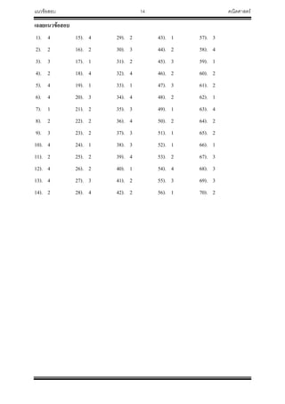 แนวข้อสอบ 14 คณิตศาสตร์
เฉลยแนวข้อสอบ
1). 4 15). 4 29). 2 43). 1 57). 3
2). 2 16). 2 30). 3 44). 2 58). 4
3). 3 17). 1 31). 2 45). 3 59). 1
4). 2 18). 4 32). 4 46). 2 60). 2
5). 4 19). 1 33). 1 47). 3 61). 2
6). 4 20). 3 34). 4 48). 2 62). 1
7). 1 21). 2 35). 3 49). 1 63). 4
8). 2 22). 2 36). 4 50). 2 64). 2
9). 3 23). 2 37). 3 51). 1 65). 2
10). 4 24). 1 38). 3 52). 1 66). 1
11). 2 25). 2 39). 4 53). 2 67). 3
12). 4 26). 2 40). 1 54). 4 68). 3
13). 4 27). 3 41). 2 55). 3 69). 3
14). 2 28). 4 42). 2 56). 1 70). 2
 