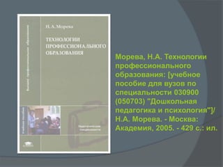Морева, Н.А. Технологии
профессионального
образования: [учебное
пособие для вузов по
специальности 030900
(050703) "Дошкольная
педагогика и психология"]/
Н.А. Морева. - Москва:
Академия, 2005. - 429 с.: ил.
 