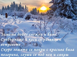 Зимата дойде снежна и бяла.
Сребърните й коси се развяха с
ветровете .
Скоро земята се покри с красива бяла
пелерина, сгуши се под нея и сякаш
 