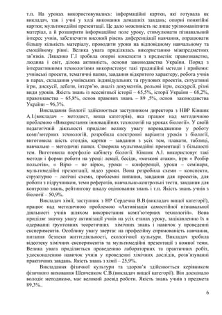 т.п. На уроках використовувались: інформаційні картки, які готувала як
викладач, так і учні у ході виконання домашніх завдань; опорні понятійні
картки; мультимедійні презентації. Це дало можливість не лише урізноманітнити
матеріал, а й розширити інформаційне поле уроку, стимулювати пізнавальний
інтерес учнів, забезпечити високий рівень диференціації навчання, опрацювати
більшу кількість матеріалу, проводити уроки на відповідному навчальному та
емоційному рівні. Велика увага приділялась використанню міжпредметних
зв’язків. Ляшенко Г.І зробила опорні конспекти з предметів: правознавство,
людина і світ, ділова активність, основи законодавства України. Поряд з
інтерактивними технологіями використовує такі традиційні методи і прийоми:
учнівські проекти, тематичні папки, завдання відкритого характеру, робота учнів
в парах, складання учнівських індивідуальних та групових проектів, ситуативні
ігри, дискусії, дебати, інтерв’ю, аналіз документів, рольові ігри, екскурсії, різні
види уроків. Якість знань із всесвітньої історії – 65,5%, історії України – 68,2%,
правознавства – 65,8%, основ правових знань – 89 ,5%, основ законодавства
України – 96,3%.
Викладання біології здійснюється заступником директора з НВР Ківшик
А.І.(викладач – методист, вища категорія), яка працює над методичною
проблемою «Використання інноваційних технологій на уроках біології». У своїй
педагогічній діяльності приділяє велику увагу впровадженню у роботу
комп’ютерних технологій, розробила електронні варіанти уроків з біології,
виготовила шість стендів, картки – завдання з усіх тем, плакати, таблиці,
навчально – методичні папки. Створила мультимедійні презентації з більшості
тем. Виготовила портфоліо кабінету біології. Ківшик А.І. використовує такі
методи і форми роботи на уроці: лекції, бесіди, «мозкові атаки», ігри « Розбір
польотів», « Вірю – не вірю», уроки – конференції, уроки – семінари,
мультимедійні презентації, відео уроки. Вона розробила схеми – конспекти,
структурно – логічні схеми, проблемні питання, завдання для проектів, для
роботи з підручником, теми рефератів, навчально-контрольні тести, завдання для
контролю знань, рейтингову шкалу оцінювання знань і т.п. Якість знань учнів з
біології – 50,9%.
Викладач хімії, заступник з НР Сердечна В.В.(викладач вищої категорії),
працює над методичною проблемою «Активізація самостійної пізнавальної
діяльності учнів шляхом використання комп’ютерних технологій». Вона
приділяє значну увагу активізації учнів на усіх етапах уроку, зацікавленню їх в
одержанні ґрунтовних теоретичних хімічних знань і навичок у проведенні
експериментів. Особливу увагу звертає на професійну спрямованість навчання,
питання безпеки життєдіяльності, екологічної культури. Викладач зробила
відеотеку хімічних експериментів та мультимедійні презентації з кожної теми.
Велика увага приділяється проведенню лабораторних та практичних робіт,
удосконаленню навичок учнів у проведенні хімічних дослідів, розв’язуванні
практичних завдань. Якість знань з хімії – 25,9%.
Викладання фізичної культури та здоров’я здійснюється керівником
фізичного виховання Шевченком С.В.(викладач вищої категорії). Він досконало
володіє методикою, має великий досвід роботи. Якість знань учнів з предмета
89,3%..
6
 