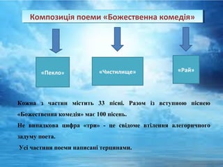 Композиція поеми «Божественна комедія»Композиція поеми «Божественна комедія»
«Пекло» «Чистилище» «Рай»
Кожна з частин містить 33 пісні. Разом із вступною піснею
«Божественна комедія» має 100 пісень.
Не випадкова цифра «три» - це свідоме втілення алегоричного
задуму поета.
Усі частини поеми написані терцинами.
 