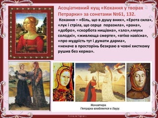 Асоціативний кущ «Кохання у творах
Петрарки» за сонетами №61, 132.
Кохання – «біль, що в душу вник», «Ерота сила»,
«лук і стріла, що серце поразила», «рана»,
«добро», «скорбота нищівна», «зло»,«муки
солодкі», «живлюща смерте», «втіхо навісна»,
«про мудрість тут і думати дарма»,
«неначе в просторінь безкраю в човні хисткому
рушив без керма».
 