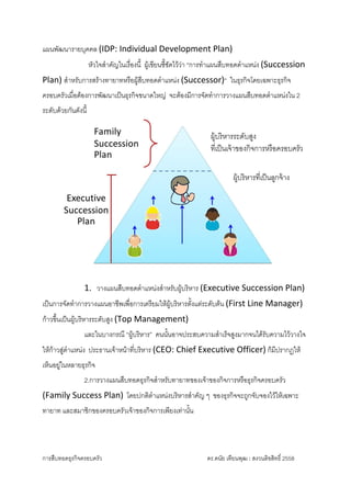 การสืบทอดธุรกิจครอบครัว ดร.ดนัย เทียนพุฒ : สงวนลิขสิทธิ์ 2558 
แผนพัฒนารายบุคคล (IDP: Individual Development Plan) 
หัวใจสําคัญในเรื่องนี้ ผูเขียนชี้ชัดไววา “การทําแผนสืบทอดตําแหนง (Succession 
Plan) สําหรับการสรางทายาทหรือผูสืบทอดตําแหนง (Successor)“ ในธุรกิจโดยเฉพาะธุรกิจ
ครอบครัวเมื่อตองการพัฒนาเปนธุรกิจขนาดใหญ จะตองมีการจัดทําการวางแผนสืบทอดตําแหนงใน 2
ระดับดวยกันดังนี้ 
1. วางแผนสืบทอดตําแหนงสําหรับผูบริหาร (Executive Succession Plan)
เปนการจัดทําการวางแผนอาชีพเพื่อการเตรียมใหผูบริหารตั้งแตระดับตน (First Line Manager)
กาวขึ้นเปนผูบริหารระดับสูง (Top Management) 
และในบางกรณี “ผูบริหาร” คนนั้นอาจประสบความสําเร็จสูงมากจนไดรับความไววางใจ
ใหกาวสูตําแหนง ประธานเจาหนาที่บริหาร (CEO: Chief Executive Officer) ก็มีปรากฏให
เห็นอยูในหลายธุรกิจ 
2.การวางแผนสืบทอดธุรกิจสําหรับทายาทของเจาของกิจการหรือธุรกิจครอบครัว
(Family Success Plan) โดยปกติตําแหนงบริหารสําคัญ ๆ ของธุรกิจจะถูกจับจองไวใหเฉพาะ
ทายาท และสมาชิกของครอบครัวเจาของกิจการเพียงเทานั้น 
 