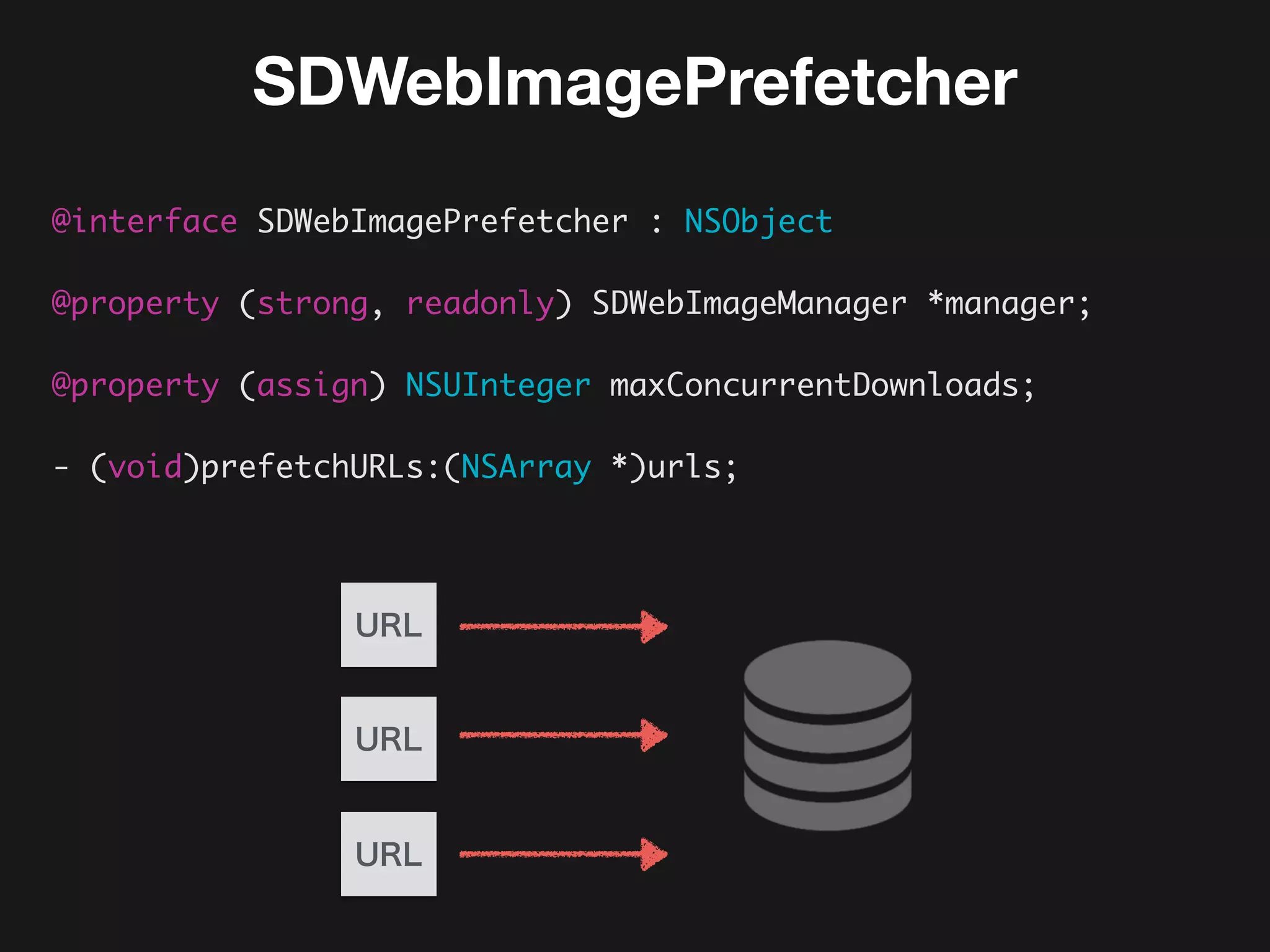 SDWebImagePrefetcher
@interface SDWebImagePrefetcher : NSObject
 
@property (strong, readonly) SDWebImageManager *manager;
@property (assign) NSUInteger maxConcurrentDownloads;
- (void)prefetchURLs:(NSArray *)urls;
URL
URL
URL
 