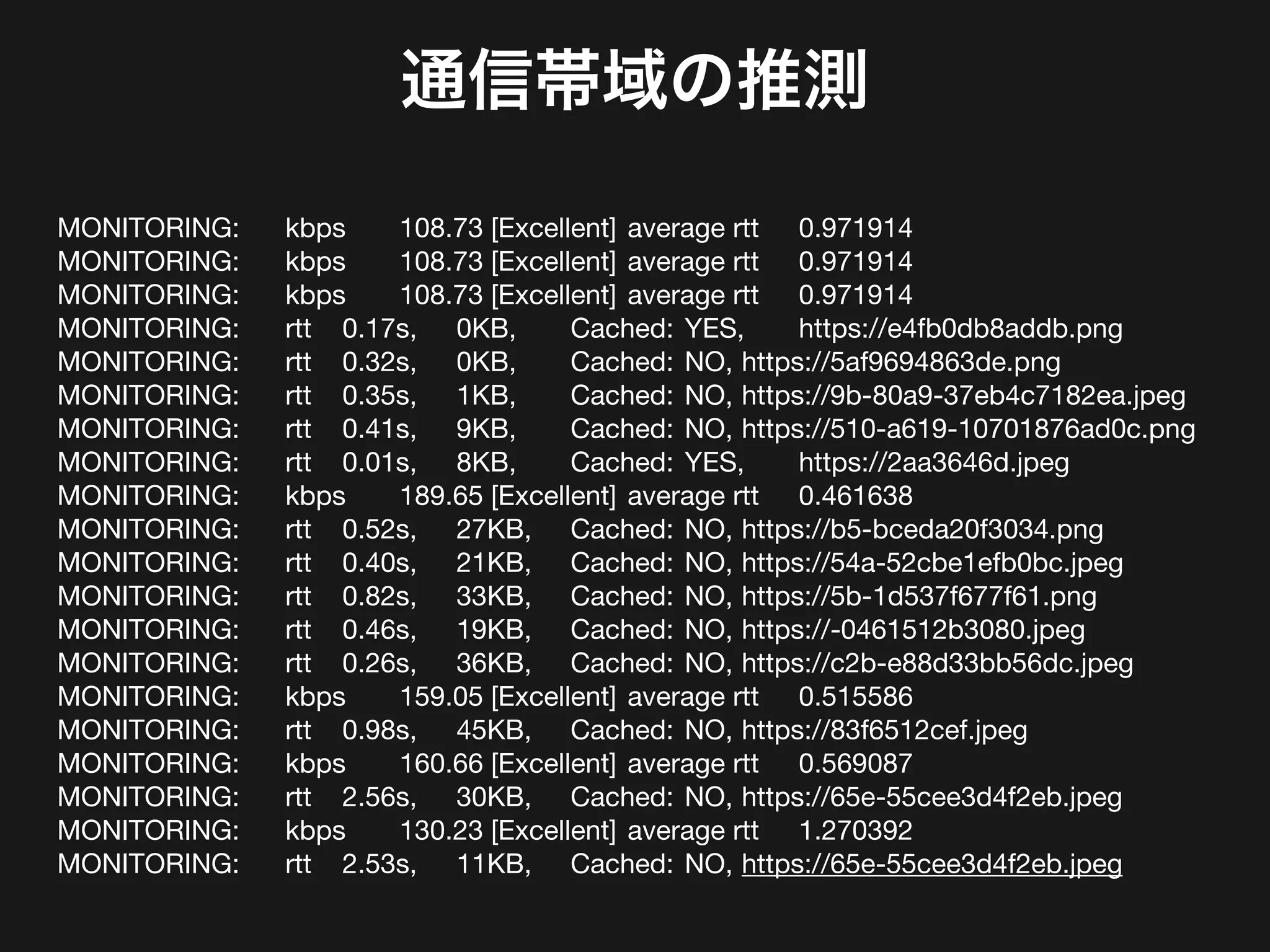 通信帯域の推測
MONITORING: 	 kbps 	 108.73 [Excellent] 	average rtt 	 0.971914

MONITORING: 	 kbps 	 108.73 [Excellent] 	average rtt 	 0.971914

MONITORING: 	 kbps 	 108.73 [Excellent] 	average rtt 	 0.971914

MONITORING: 	 rtt 	 0.17s, 	 0KB, 	 Cached: 	YES, 	 https://e4fb0db8addb.png

MONITORING: 	 rtt 	 0.32s, 	 0KB, 	 Cached: 	NO, 	https://5af9694863de.png

MONITORING: 	 rtt 	 0.35s, 	 1KB, 	 Cached: 	NO, 	https://9b-80a9-37eb4c7182ea.jpeg

MONITORING: 	 rtt 	 0.41s, 	 9KB, 	 Cached: 	NO, 	https://510-a619-10701876ad0c.png

MONITORING: 	 rtt 	 0.01s, 	 8KB, 	 Cached: 	YES, 	 https://2aa3646d.jpeg

MONITORING: 	 kbps 	 189.65 [Excellent] 	average rtt 	 0.461638

MONITORING: 	 rtt 	 0.52s, 	 27KB, 	 Cached: 	NO, 	https://b5-bceda20f3034.png

MONITORING: 	 rtt 	 0.40s, 	 21KB, 	 Cached: 	NO, 	https://54a-52cbe1efb0bc.jpeg

MONITORING: 	 rtt 	 0.82s, 	 33KB, 	 Cached: 	NO, 	https://5b-1d537f677f61.png

MONITORING: 	 rtt 	 0.46s, 	 19KB, 	 Cached: 	NO, 	https://-0461512b3080.jpeg

MONITORING: 	 rtt 	 0.26s, 	 36KB, 	 Cached: 	NO, 	https://c2b-e88d33bb56dc.jpeg

MONITORING: 	 kbps 	 159.05 [Excellent] 	average rtt 	 0.515586

MONITORING: 	 rtt 	 0.98s, 	 45KB, 	 Cached: 	NO, 	https://83f6512cef.jpeg

MONITORING: 	 kbps 	 160.66 [Excellent] 	average rtt 	 0.569087

MONITORING: 	 rtt 	 2.56s, 	 30KB, 	 Cached: 	NO, 	https://65e-55cee3d4f2eb.jpeg

MONITORING: 	 kbps 	 130.23 [Excellent] 	average rtt 	 1.270392

MONITORING: 	 rtt 	 2.53s, 	 11KB, 	 Cached: 	NO, 	https://65e-55cee3d4f2eb.jpeg
 