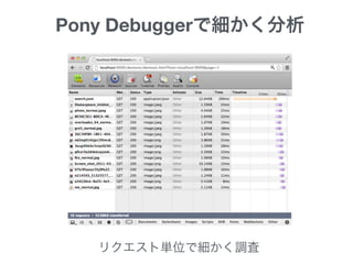Pony Debuggerで細かく分析
リクエスト単位で細かく調査
 