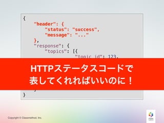 Copyright © Classmethod, Inc.
{
"header": {
"status": "success",
"message": "..."
},
"response": {
"topics": [{
"topic_id": 123,
"topic_title": "...",
"topic_content": "...",
"category_id": 456,
"category_name": "..."
}]
}
}
HTTPステータスコードで
表してくれればいいのに！
 