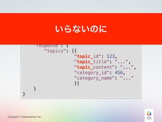 Copyright © Classmethod, Inc.
{
"header": {
"status": "success",
"message": "..."
},
"response": {
"topics": [{
"topic_id": 123,
"topic_title": "...",
"topic_content": "...",
"category_id": 456,
"category_name": "..."
}]
}
}
いらないのに
 
