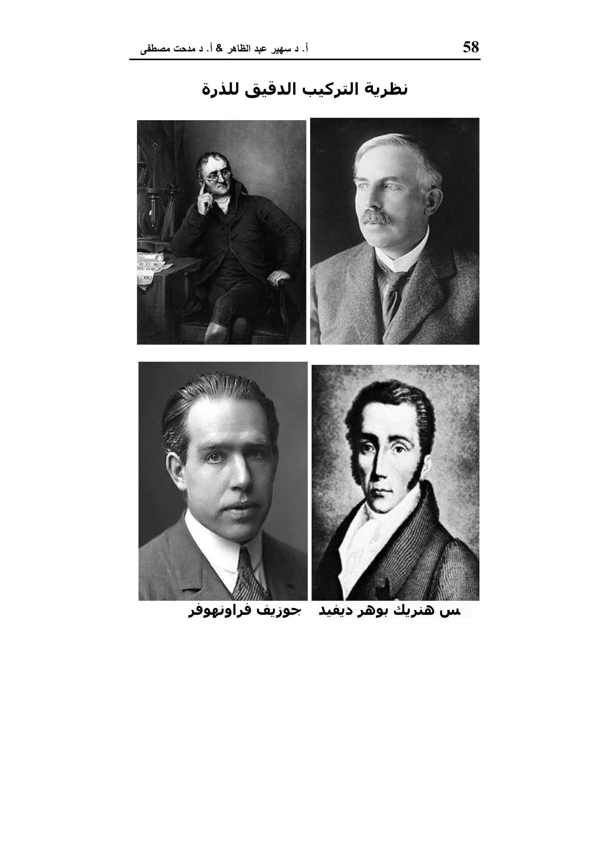 58‫أ‬.‫اﻟظﺎﻫر‬ ‫ﻋﺑد‬ ‫ﺳﻬﯾر‬ ‫د‬&‫أ‬.‫ﻣﺻطﻔﻰ‬ ‫ﻣدﺣت‬ ‫د‬
‫ﻟﻠﺬرة‬ ‫اﻟﺪﻗﯿﻖ‬ ‫اﻟﺘﺮﻛﯿﺐ‬ ‫ﻧﻈﺮﻳﺔ‬
‫داﻟﺘﻮن‬ ‫ﺟﻮن‬‫رذ‬ ‫ارﻧﺴﺖ‬‫رﻓﻮرد‬
‫ﻳﻠ‬‫دﻳﻔﯿﺪ‬ ‫ﺑﻮھﺮ‬ ‫ھﻨﺮﻳﻚ‬ ‫ﺲ‬‫ﻓﺮاوﻧﮫﻮﻓﺮ‬ ‫ﺟﻮزﻳﻒ‬
 