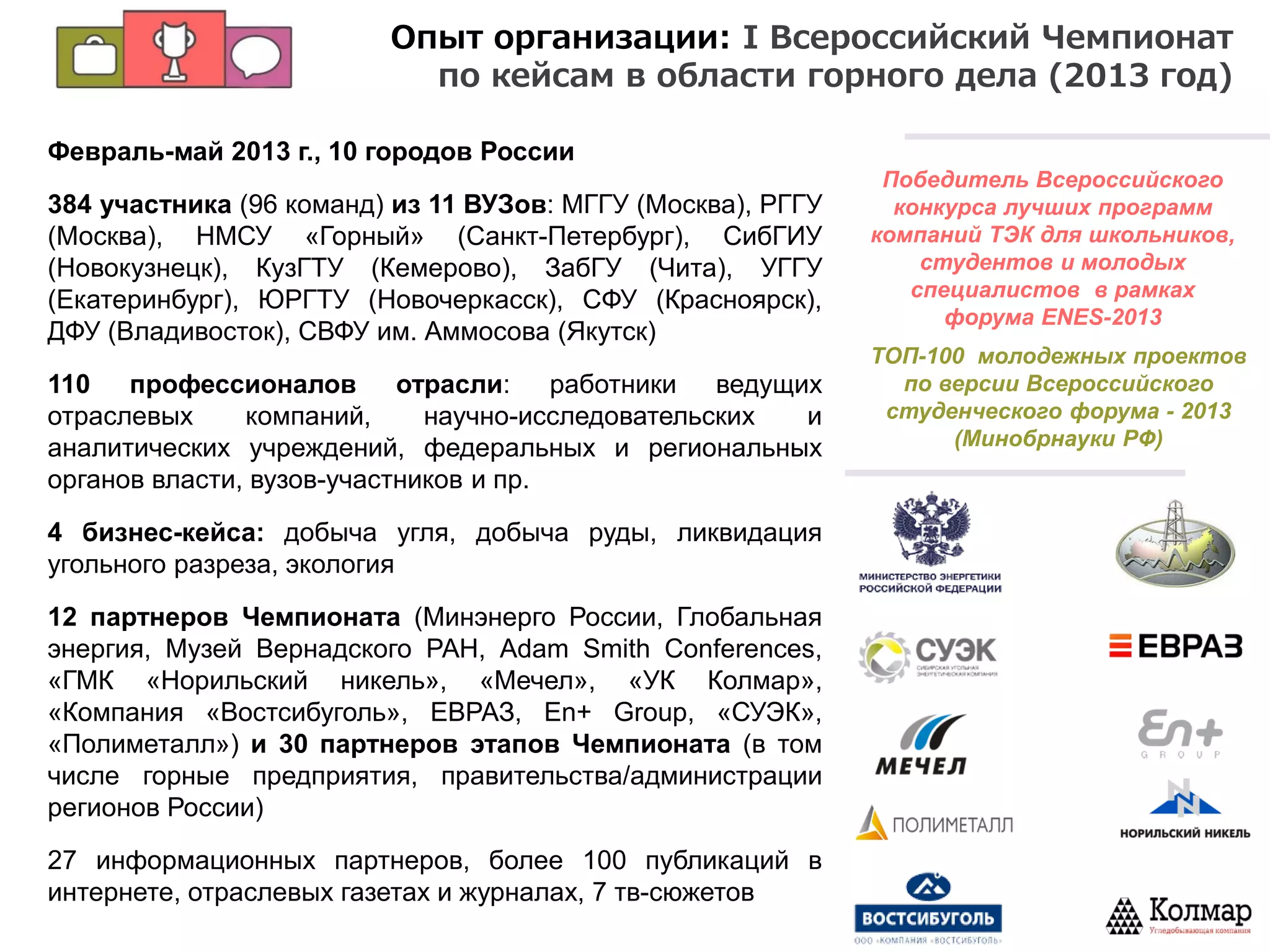 Февраль-май 2013 г., 10 городов России
384 участника (96 команд) из 11 ВУЗов: МГГУ (Москва), РГГУ
(Москва), НМСУ «Горный» (Санкт-Петербург), СибГИУ
(Новокузнецк), КузГТУ (Кемерово), ЗабГУ (Чита), УГГУ
(Екатеринбург), ЮРГТУ (Новочеркасск), СФУ (Красноярск),
ДФУ (Владивосток), СВФУ им. Аммосова (Якутск)
110 профессионалов отрасли: работники ведущих
отраслевых компаний, научно-исследовательских и
аналитических учреждений, федеральных и региональных
органов власти, вузов-участников и пр.
4 бизнес-кейса: добыча угля, добыча руды, ликвидация
угольного разреза, экология
12 партнеров Чемпионата (Минэнерго России, Глобальная
энергия, Музей Вернадского РАН, Adam Smith Conferences,
«ГМК «Норильский никель», «Мечел», «УК Колмар»,
«Компания «Востсибуголь», ЕВРАЗ, En+ Group, «СУЭК»,
«Полиметалл») и 30 партнеров этапов Чемпионата (в том
числе горные предприятия, правительства/администрации
регионов России)
27 информационных партнеров, более 100 публикаций в
интернете, отраслевых газетах и журналах, 7 тв-сюжетов
ТОП-100 молодежных проектов
по версии Всероссийского
студенческого форума - 2013
(Минобрнауки РФ)
Победитель Всероссийского
конкурса лучших программ
компаний ТЭК для школьников,
студентов и молодых
специалистов в рамках
форума ENES-2013
Опыт организации: I Всероссийский Чемпионат
по кейсам в области горного дела (2013 год)
 