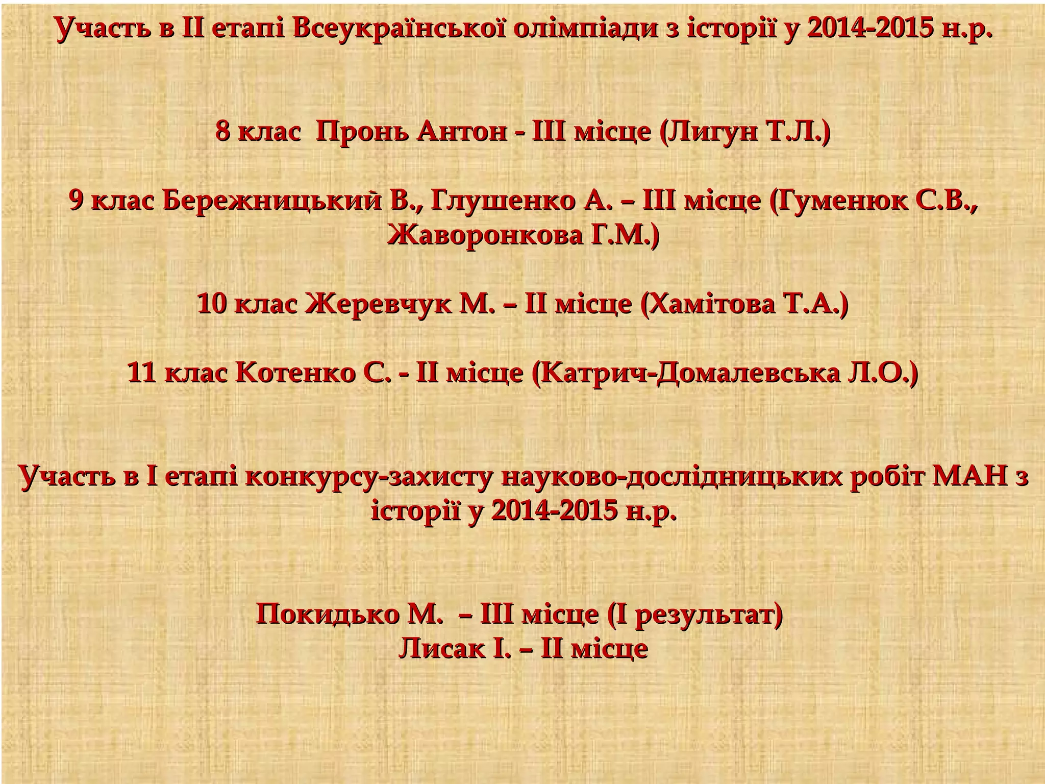 Участь в ІІ етапі Всеукраїнської олімпіади з історії у 2014-2015 н.р.Участь в ІІ етапі Всеукраїнської олімпіади з історії у 2014-2015 н.р.
8 клас Пронь Антон - ІІІ8 клас Пронь Антон - ІІІ місце (Лигун Т.Л.)місце (Лигун Т.Л.)
99 класклас Бережницький В., Глушенко А. – ІІІ місце (Гуменюк С.В.,Бережницький В., Глушенко А. – ІІІ місце (Гуменюк С.В.,
Жаворонкова Г.М.)Жаворонкова Г.М.)
1010 класклас Жеревчук М. – ІІ місце (Хамітова Т.А.)Жеревчук М. – ІІ місце (Хамітова Т.А.)
1111 класклас Котенко С. - ІІ місце (Катрич-Домалевська Л.О.)Котенко С. - ІІ місце (Катрич-Домалевська Л.О.)
Участь в І етапі конкурсу-захисту науково-дослідницьких робіт МАН зУчасть в І етапі конкурсу-захисту науково-дослідницьких робіт МАН з
історії у 2014-2015 н.р.історії у 2014-2015 н.р.
Покидько М. – ІІІ місце (І результат)Покидько М. – ІІІ місце (І результат)
Лисак І. – ІІ місцеЛисак І. – ІІ місце
 