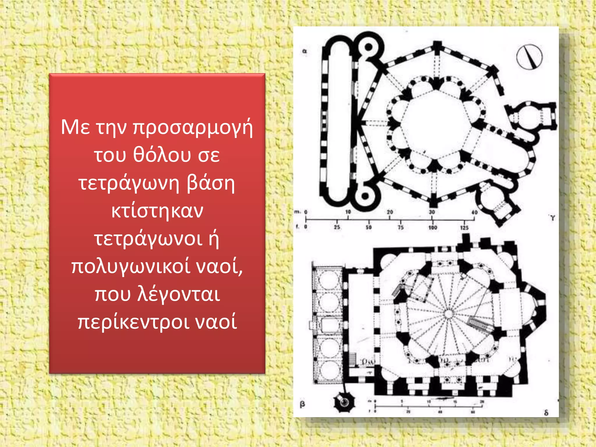 Με την προσαρμογή
του θόλου σε
τετράγωνη βάση
κτίστηκαν
τετράγωνοι ή
πολυγωνικοί ναοί,
που λέγονται
περίκεντροι ναοί
 