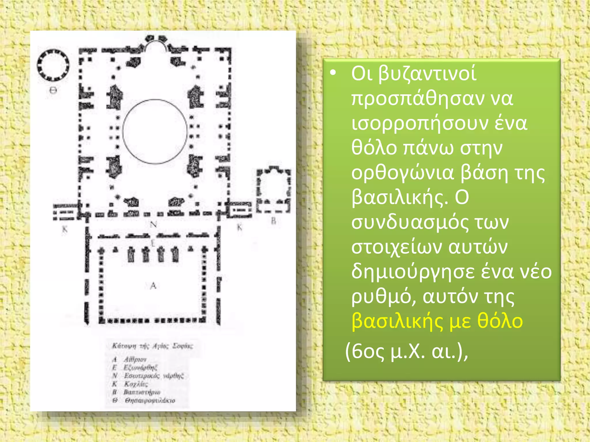 • Οι βυζαντινοί
προσπάθησαν να
ισορροπήσουν ένα
θόλο πάνω στην
ορθογώνια βάση της
βασιλικής. Ο
συνδυασμός των
στοιχείων αυτών
δημιούργησε ένα νέο
ρυθμό, αυτόν της
βασιλικής με θόλο
(6ος μ.X. αι.),
 