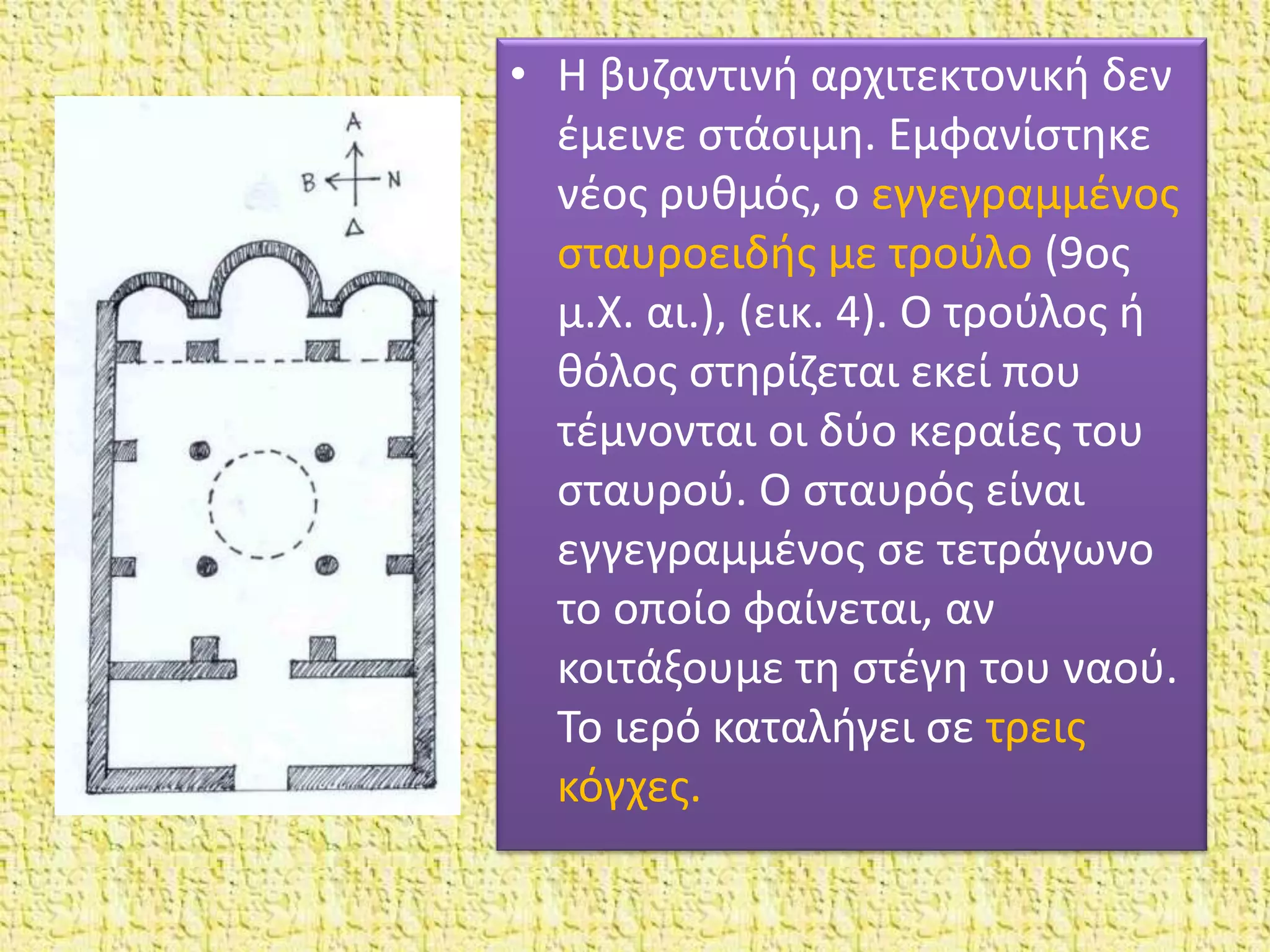 • Η βυζαντινή αρχιτεκτονική δεν
έμεινε στάσιμη. Εμφανίστηκε
νέος ρυθμός, ο εγγεγραμμένος
σταυροειδής με τρούλο (9ος
μ.Χ. αι.), (εικ. 4). Ο τρούλος ή
θόλος στηρίζεται εκεί που
τέμνονται οι δύο κεραίες του
σταυρού. Ο σταυρός είναι
εγγεγραμμένος σε τετράγωνο
το οποίο φαίνεται, αν
κοιτάξουμε τη στέγη του ναού.
Το ιερό καταλήγει σε τρεις
κόγχες.
 