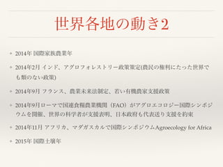 世界各地の動き2
❖ 2014年 国際家族農業年
❖ 2014年2月 インド、アグロフォレストリー政策策定(農民の権利にたった世界で
も類のない政策)
❖ 2014年9月 フランス、農業未来法制定、若い有機農家支援政策
❖ 2014年9月ローマで国連食糧農業機関（FAO）がアグロエコロジー国際シンポジ
ウムを開催、世界の科学者が支援表明、日本政府も代表送り支援を約束
❖ 2014年11月 アフリカ、マダガスカルで国際シンポジウムAgroecology for Africa
❖ 2015年 国際土壌年
 