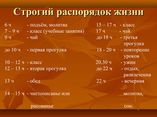 Строгий распорядок жизниСтрогий распорядок жизни
6 ч - подъём, молитва 15 – 17 ч - класс
7 – 9 ч - класс (учебные занятия) 17 ч - чай
9 ч - чай до 18 ч - третья
прогулка
до 10 ч - первая прогулка 18 - 20 ч - повторение
уроков
10 – 12 ч - класс 20.30 ч - ужин
12 – 13 ч - вторая прогулка до 22 ч - отдых,
развлечения
13 ч - обед 22 ч - вечерняя
14 – 15 ч - чистописанье или молитва,
рисованье сон.
 