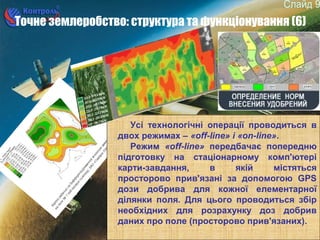 9
Точне землеробство: структура та функціонування (6)
Усі технологічні операції проводиться в
двох режимах – «off-line» і «on-line».
Режим «off-line» передбачає попередню
підготовку на стаціонарному комп'ютері
карти-завдання, в якій містяться
просторово прив'язані за допомогою GPS
дози добрива для кожної елементарної
ділянки поля. Для цього проводиться збір
необхідних для розрахунку доз добрив
даних про поле (просторово прив'язаних).
 