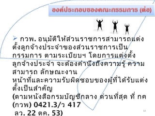  กวพ. อนุมัติให้ส่วนราชการสามารถแต่ง
ตั้งลูกจ้างประจำาของส่วนราชการเป็น
กรรมการ ตามระเบียบฯ โดยการแต่งตั้ง
ลูกจ้างประจำา จะต้องคำานึงถึงความรู้ ความ
สามารถ ลักษณะงาน
หน้าที่และความรับผิดชอบของผู้ที่ได้รับแต่ง
ตั้งเป็นสำาคัญ
(ตามหนังสือกรมบัญชีกลาง ด่วนที่สุด ที่ กค
(กวพ) 0421.3/ว 417
ลว. 22 ตค. 53)
14
 