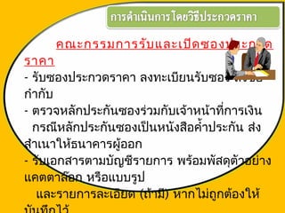 คณะกรรมการรับและเปิดซองประกวด
ราคา
- รับซองประกวดราคา ลงทะเบียนรับซอง ลงชื่อ
กำากับ
- ตรวจหลักประกันซองร่วมกับเจ้าหน้าที่การเงิน
กรณีหลักประกันซองเป็นหนังสือคำ้าประกัน ส่ง
สำาเนาให้ธนาคารผู้ออก
- รับเอกสารตามบัญชีรายการ พร้อมพัสดุตัวอย่าง
แคตตาล๊อก หรือแบบรูป
และรายการละเอียด (ถ้ามี) หากไม่ถูกต้องให้
 