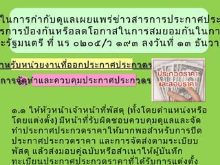 ิในการกำากับดูแลเผยแพร่ข่าวสารการประกาศประ
รการป้องกันหรือลดโอกาสในการสมยอมกันในกา
ณะรัฐมนตรี ที่ นร ๐๒๐๕/ว ๑๙๓ ลงวันที่ ๑๓ ธันวาค
ในการกำากับดูแลเผยแพร่ข่าวสารการประกาศประ
รการป้องกันหรือลดโอกาสในการสมยอมกันในกา
ะรัฐมนตรี ที่ นร ๐๒๐๕/ว ๑๙๓ ลงวันที่ ๑๓ ธันวาค
ำาหรับหน่วยงานที่ออกประกาศประกวดราคาาหรับหน่วยงานที่ออกประกาศประกวดราคาาหรับหน่วยงานที่ออกประกาศประกวดราคาาหรับหน่วยงานที่ออกประกาศประกวดราคา
๑.๑.การจัดทำาและควบคุมประกาศประกวดราคาการจัดทำาและควบคุมประกาศประกวดราคาการจัดทำาและควบคุมประกาศประกวดราคาการจัดทำาและควบคุมประกาศประกวดราคา
๑.๑ ให้หัวหน้าเจ้าหน้าที่พัสดุ (ทั้งโดยตำาแหน่งหรือ
โดยแต่งตั้ง) มีหน้าที่รับผิดชอบควบคุมดูแลและจัด
ทำาประกาศประกวดราคาให้มากพอสำาหรับการปิด
ประกาศประกวดราคา และการจัดส่งตามระเบียบ
พัสดุ แล้วส่งมอบคู่ฉบับหรือสำาเนาให้ผู้บันทึก
ทะเบียนประกาศประกวดราคาที่ได้รับการแต่งตั้ง
 