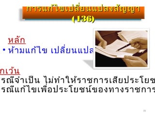 70
การแก้ไขเปลี่ยนแปลงสัญญาการแก้ไขเปลี่ยนแปลงสัญญา
(136)(136)
หลัก
• ห้ามแก้ไข เปลี่ยนแปลง
กเว้น
กรณีจำาเป็น ไม่ทำาให้ราชการเสียประโยช
กรณีแก้ไขเพื่อประโยชน์ของทางราชการ
 