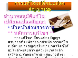 71
การแก้ไขเปลี่ยนแปลงการแก้ไขเปลี่ยนแปลง
สัญญาสัญญา(2)(2)
อำานาจอนุมัติแก้ไข
เปลี่ยนแปลงสัญญา
• หัวหน้าส่วนราชการ
** หลักการแก้ไขฯ **
การแก้ไขเปลี่ยนแปลงสัญญา
สามารถที่จะพิจารณาดำาเนินการแก้ไข
เปลี่ยนแปลงสัญญาในช่วงเวลาใดก็ได้
แม้จะล่วงเลยกำาหนดระยะเวลาแล้ว
เสร็จตามสัญญาก็ตาม แต่อย่างช้าจะ
 
