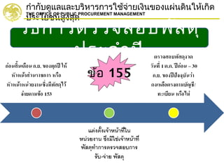 กำากับดูแลและบริหารการใช้จ่ายเงินของแผ่นดินให้เกิด
ประโยชน์สูงสุด
THE OFFICE OF PUBLIC PROCUREMENT MANAGEMENT
วิธีการตรวจสอบพัสดุ
ประจำาปี
ข้อ 155
 