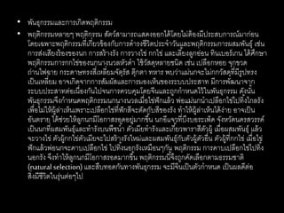 • พันธุกรรมและการเกิดพฤติกรรม
• พฤติกรรมหลายๆ พฤติกรรม สัตว์สามารถแสดงออกได้โดยไม่ต้องมีประสบการณ์มาก่อน
โดยเฉพาะพฤติกรรมที่เกี่ยวข้องกับการดารงชีวิตประจาวันและพฤติกรรมการผสมพันธุ์ เช่น
การส่งเสียงร้องของนก การสร้างรัง การวางไข่ กกไข่ และเลี้ยงลูกอ่อน ทินเบอร์เกน ได้ศึกษา
พฤติกรรมการกกไข่ของนกนางนวลหัวดา ใช้วัสดุหลายชนิด เช่น เปลือกหอย จุกขวด
ถ่านไฟฉาย กระดาษทรงสี่เหลี่ยมจัตุรัส ตุ๊กตา ทหาร พบว่าแม่นกจะไม่กกวัสดุที่มีรูปทรง
เป็นเหลี่ยม อาจเกิดจากการสัมผัสและการมองเห็นของระบบประสาท มีการพัฒนาจาก
ระบบประสาทต่อเนื่องกันไปจนการควบคุมโดยจีนและถูกกาหนดไว้ในพันธุกรรม ดังนั้น
พันธุกรรมจึงกาหนดพฤติกรรมนกนางนวลเมื่อไข่ฟักแล้ว พ่อแม่นกนาเปลือกไข่ไปทิ้งไกลรัง
เพื่อไม่ให้ผู้ล่าเห็นเพราะเปลือกไข่ที่ฟักสีจะตัดกับสีของรัง ทาให้ผู้ล่าเห็นได้ง่าย อาจเป็น
อันตราย ได้ช่วยให้ลูกนกมีโอกาสรอดอยู่มากขึ้น นกอีแจวที่บึงบอระเพ็ด จังหวัดนครสวรรค์
เป็นนกที่ผสมพันธุ์และทารังบนพืชน้า ตัวเมียทารังและเกี้ยวพาราสีตัวผู้ เมื่อผสมพันธุ์ แล้ว
จะวางไข่ ตัวผู้กกไข่ตัวเมียจะไปสร้างรังใหม่และผสมพันธุ์กับตัวผู้ตัวอื่น ตัวผู้ที่กกไข่ เมื่อไข่
ฟักแล้วพ่อนกจะคาบเปลือกไข่ ไปทิ้งนอกรังเหมือนๆกัน พฤติกรรม การคาบเปลือกไข่ไปทิ้ง
นอกรัง จึงทาให้ลูกนกมีโอกาสรอดมากขึ้น พฤติกรรมนี้จึงถูกคัดเลือกตามธรรมชาติ
(natural selection) และสืบทอดกันทางพันธุกรรม จะมีจีนเป็นตัวกาหนด เป็นผลดีต่อ
สิ่งมีชีวิตในรุ่นต่อๆไป
 