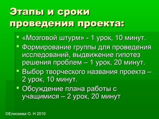 Этапы и срокиЭтапы и сроки
проведения проекта:проведения проекта:
 «Мозговой штурм» - 1 урок, 10 минут.«Мозговой штурм» - 1 урок, 10 минут.
 Формирование группы для проведенияФормирование группы для проведения
исследований, выдвижение гипотезисследований, выдвижение гипотез
решения проблем – 1 урок, 20 минут.решения проблем – 1 урок, 20 минут.
 Выбор творческого названия проекта –Выбор творческого названия проекта –
2 урок, 10 минут.2 урок, 10 минут.
 Обсуждение плана работы сОбсуждение плана работы с
учащимися – 2 урок, 20 минутучащимися – 2 урок, 20 минут
©Елисеева О. Н 2010
 