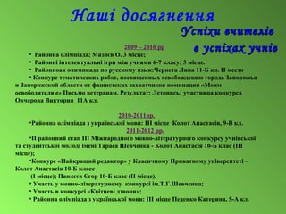 Наші досягнення
Успіхи вчителівУспіхи вчителів
в успіхах учнівв успіхах учнів2009 – 2010 рр
• Районна олімпіада; Мазнєв О. 3 місце;
• Районні інтелектуальні ігри між учнями 6-7 класу; 3 місце.
• Районноая олимпиада по русскому язык:Чернета Лина 11-Б кл. ІІ место
• Конкурс тематических работ, посвященных освобождению города Запорожья
и Запорожской области от фашистских захватчиков номинация «Моим
освободителям» Письмо ветеранам. Результат: Летопись: участница конкурса
Овчарова Виктория 11А кл.
2010-2011рр.
•Районна олімпіада з української мови: ІІІ місце Колот Анастасія, 9-В кл.
2011-2012 рр.
•ІІ районний етап ІІІ Міжнародного мовно-літературного конкурсу учнівської
та студентської молоді імені Тараса Шевченка - Колот Анастасія 10-Б клас (ІІІ
місце);
•Конкурс «Найкращий редактор» у Класичному Приватному університеті –
Колот Анастасія 10-Б класс
(І місце); Панкєєв Єгор 10-Б клас (ІІ місце).
• Участь у мовно-літературному конкурсі ім.Т.Г.Шевченка;
• Участь в конкурсі «Квітневі дзвони»;
• Районна олімпіада з української мови: ІІІ місце Педенко Катерина, 5-А кл.
 