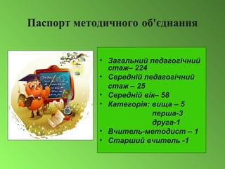 Паспорт методичного об'єднання
• Загальний педагогічний
стаж– 224
• Середній педагогічний
стаж – 25
• Середній вік– 58
• Категорія: вища – 5
перша-3
друга-1
• Вчитель-методист – 1
• Старший вчитель -1
 