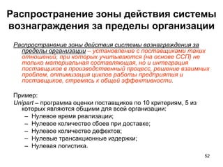 Распространение зоны действия системы
вознаграждения за пределы организации
Распространение зоны действия системы вознаграждения за
пределы организации – установление с поставщиками таких
отношений, при которых учитываются (на основе ССП) не
только материальная составляющая, но и интеграция
поставщиков в производственный процесс, решение взаимных
проблем, оптимизация циклов работы предприятия и
поставщиков, стремясь к общей эффективности.
Пример:
Unipart – программа оценки поставщиков по 10 критериям, 5 из
которых являются общими для всей организации:
– Нулевое время реализации;
– Нулевое количество сбоев при доставке;
– Нулевое количество дефектов;
– Нулевые трансакционные издержки;
– Нулевая логистика.
52
 