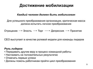 Достижение мобилизации
СЕО выступает в качестве ролевой модели для команды лидеров
Роль лидеров:
• Передавать другим веру в процесс командной работы
• Настаивать на положительных результатах
• Отмечать первые успехи
• Должны помочь работникам пройти цикл преобразования
Отрицание Злость Торг Депрессия Принятие
Каждый человек должен быть мобилизован
Для успешного преобразования организации, критическая масса
должна испытать личное преобразование
9
 