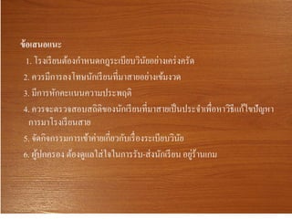ข้อเสนอแนะ
1. โรงเรียนต้องกาหนดกฎระเบียบวินัยอย่างเคร่งครัด
2. ควรมีการลงโทษนักเรียนที่มาสายอย่างเข้มงวด
3. มีการหักคะแนนความประพฤติ
4. ควรจะตรวจสอบสถิติของนักเรียนที่มาสายเป็นประจาเพื่อหาวิธีแก้ไขปัญหา
การมาโรงเรียนสาย
5. จัดกิจกรรมการเข้าค่ายเกี่ยวกับเรื่องระเบียบวินัย
6. ผู้ปกครอง ต้องดูแลใส่ใจในการรับ-ส่งนักเรียน อยู่ร้านเกม
 