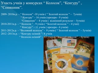 Участь учнів у конкурсах “ Колосок”, “Кенгуру” ,
“Соняшник”.
2009- 2010н.р. – “ Колосок” -10 учнів ( “ Золотий колосок ” – 7учнів)
“ Кенгуру” – 16 учнів (призери - 9 учнів)
“Соняшник” – 8 учнів ( відмінний результат – 5учнів)
2010-2011н.р. – “ Колосок ” - 9 учнів ( “Золотий колосок ” – 4 учні)
“ Кенгуру” – 11 учнів ( призери - 6 учнів)
2011-2012н.р. – “Весняний колосок” - 9 учнів ( “ Золотий колосок ” – 5учнів)
2012 -2013н.р. – “Кенгуру осінній ”- 8 учнів
“ Колосок осінній” – 12 учнів ( “Золотий колосок” - 6учнів)
 